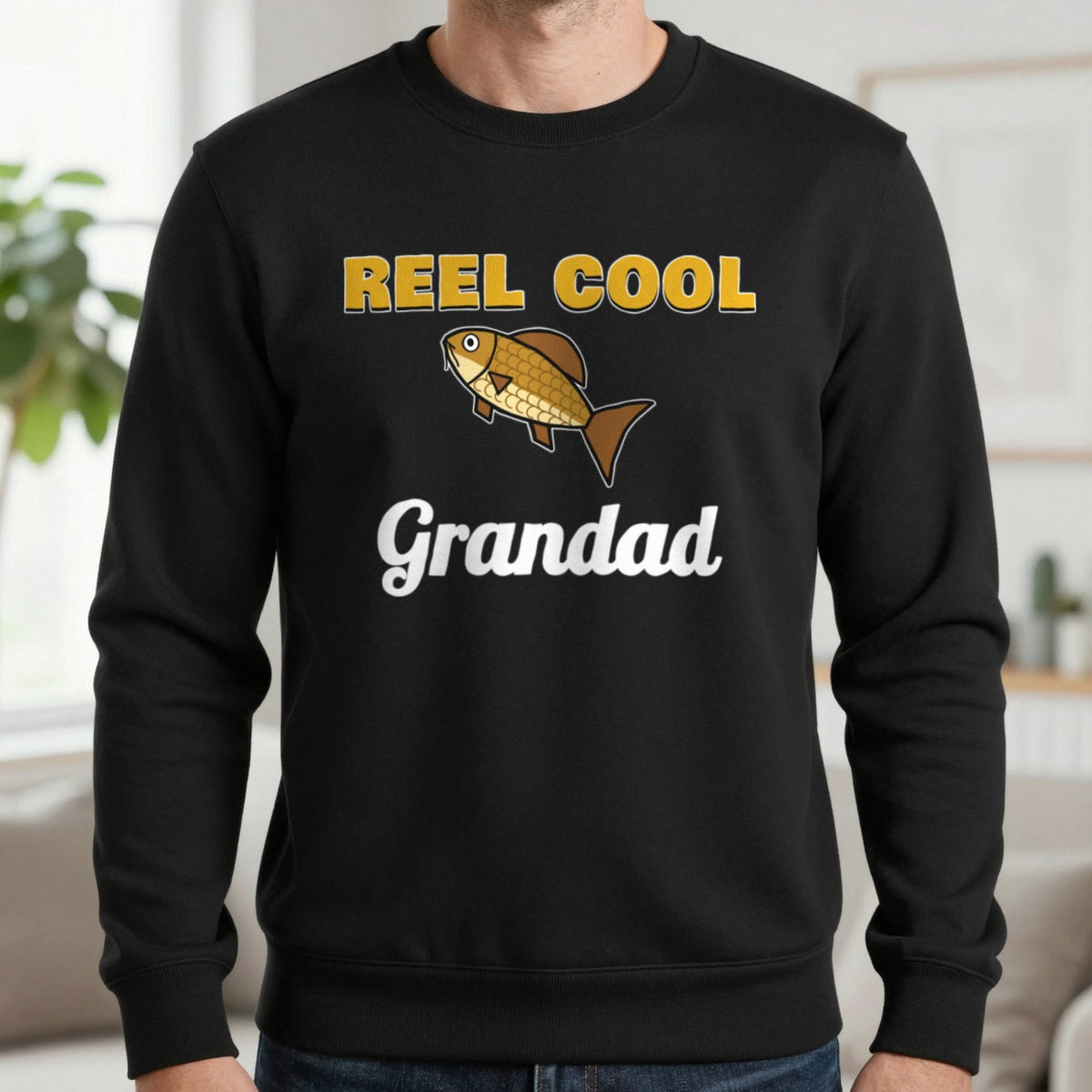 Personalised Reel Cool Grandad T-Shirt & Sweatshirt Sweatshirt in Black, worn, our photo