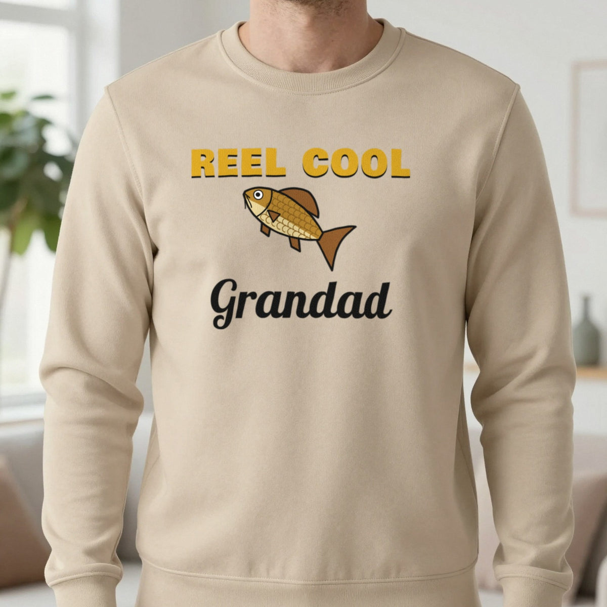 Personalised Reel Cool Grandad T-Shirt & Sweatshirt Sweatshirt in Sand, worn, our photo