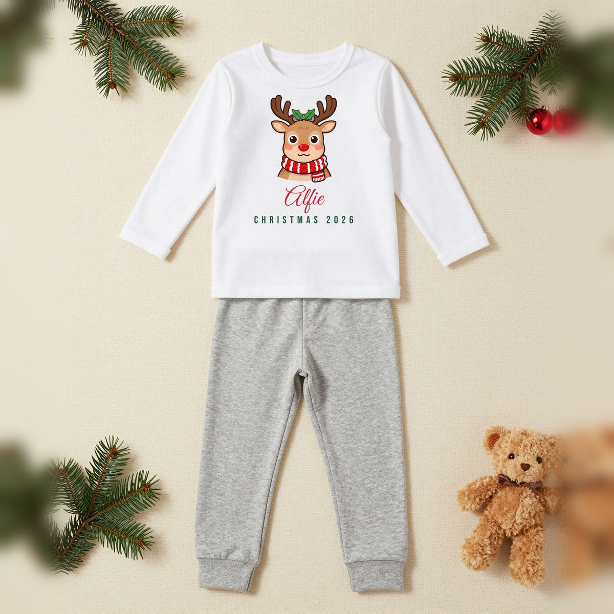 Reindeer Family Personalised Matching Family Christmas Pyjamas Set, Kids in White / Grey, our photo