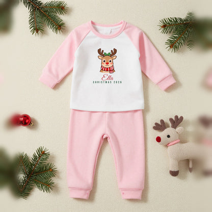Reindeer Family Personalised Matching Family Christmas Pyjamas Set, Baby & Toddler in Pink, our photo