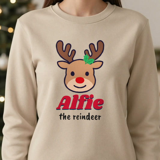 Personalised Reindeer Name Christmas Jumper & T-Shirt close-up