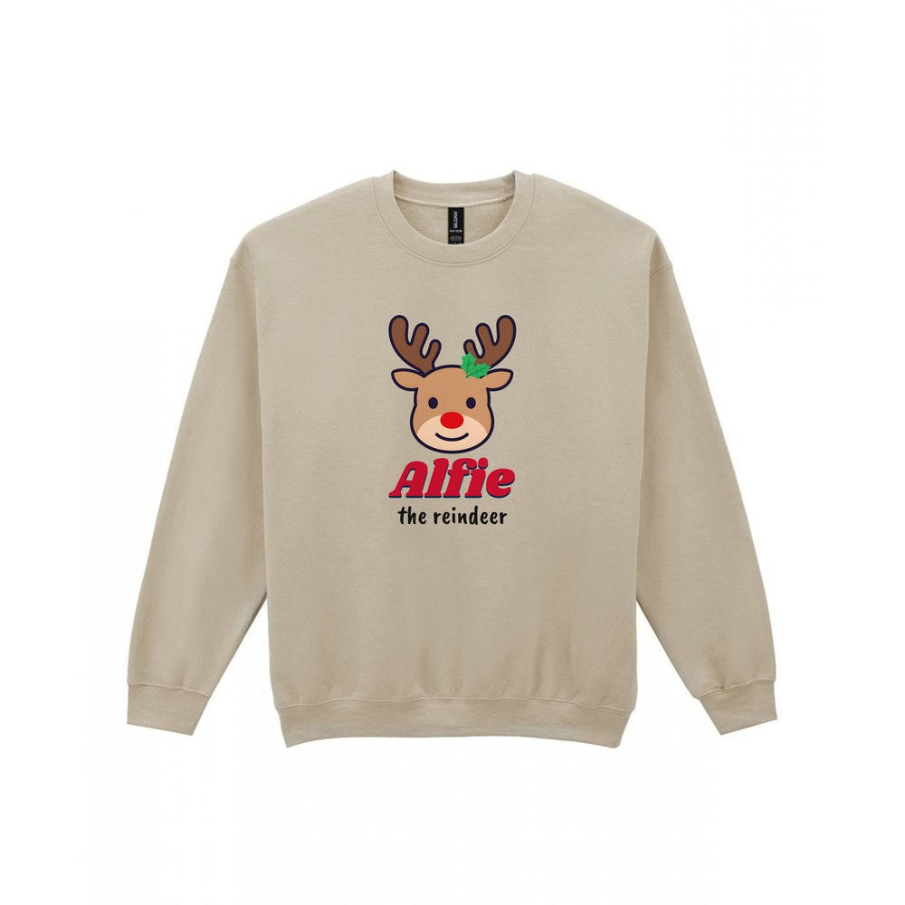 Personalised Reindeer Name Christmas Jumper & T-Shirt Sweatshirt in Sand