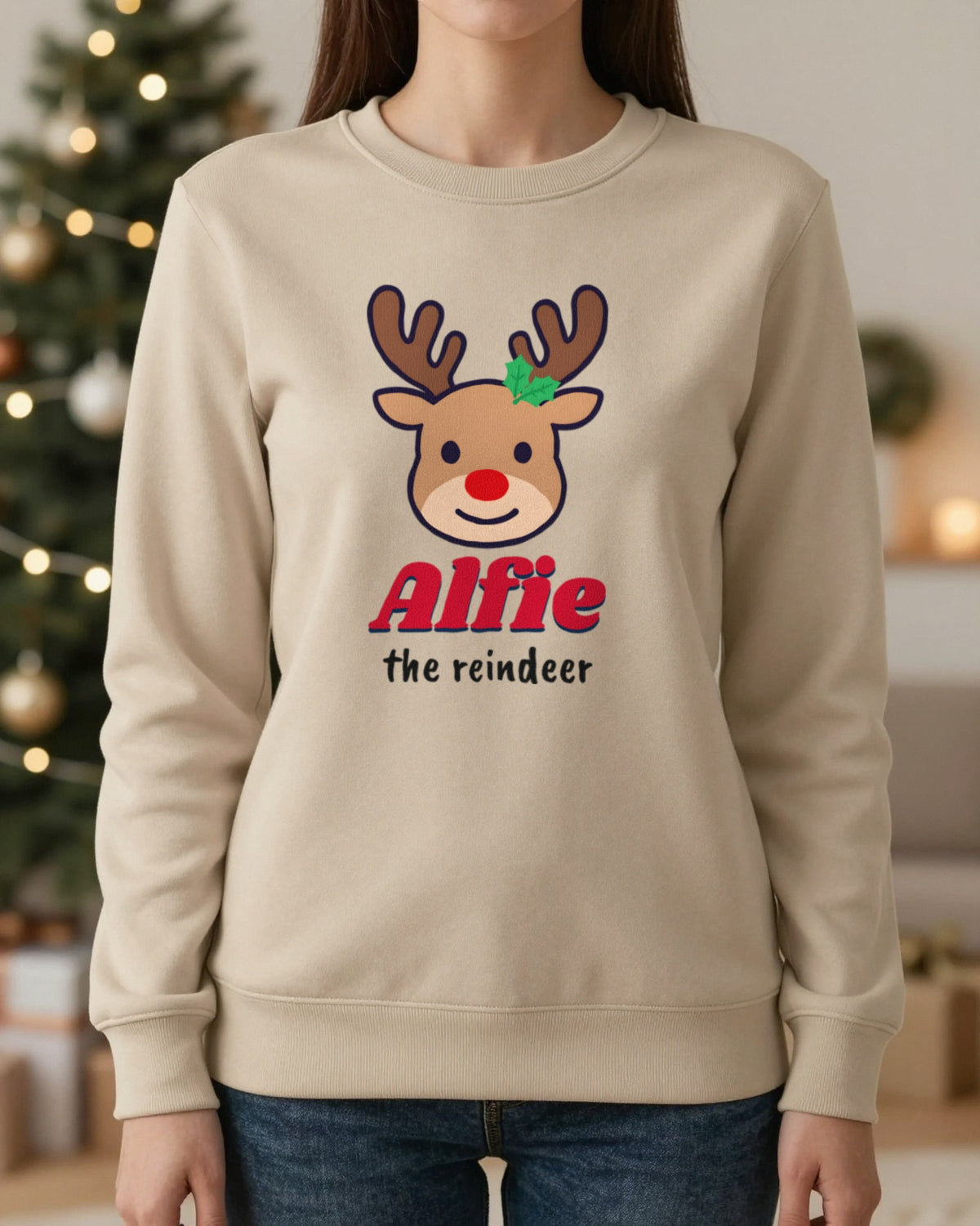 Personalised Reindeer Name Christmas Jumper & T-Shirt worn