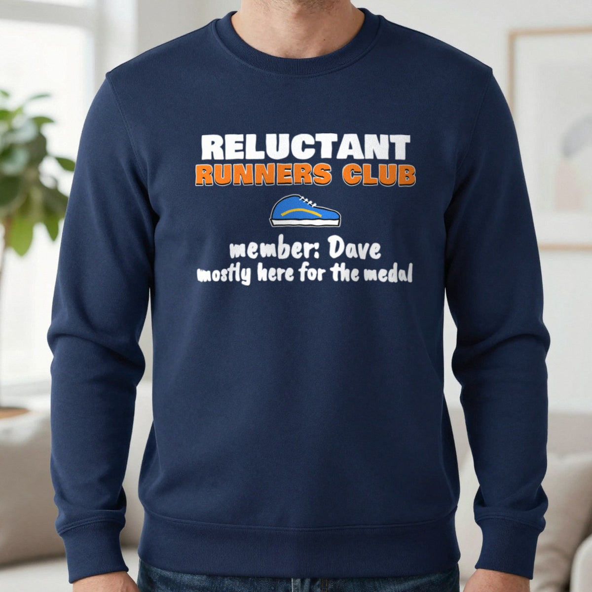 Personalised Reluctant Runners Club T-Shirt & Sweatshirt Sweatshirt in Navy, worn, our photo