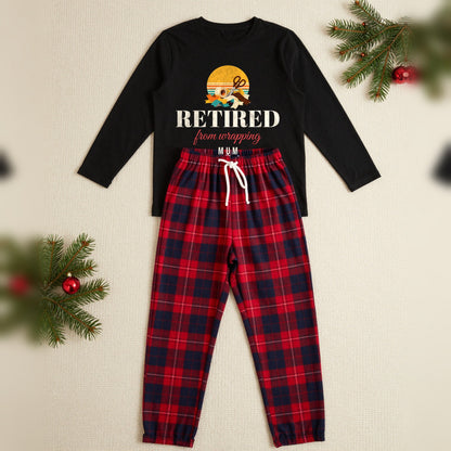 Retired From Wrapping Personalised Christmas Pyjamas, Adult in Black / Red Tartan, our photo