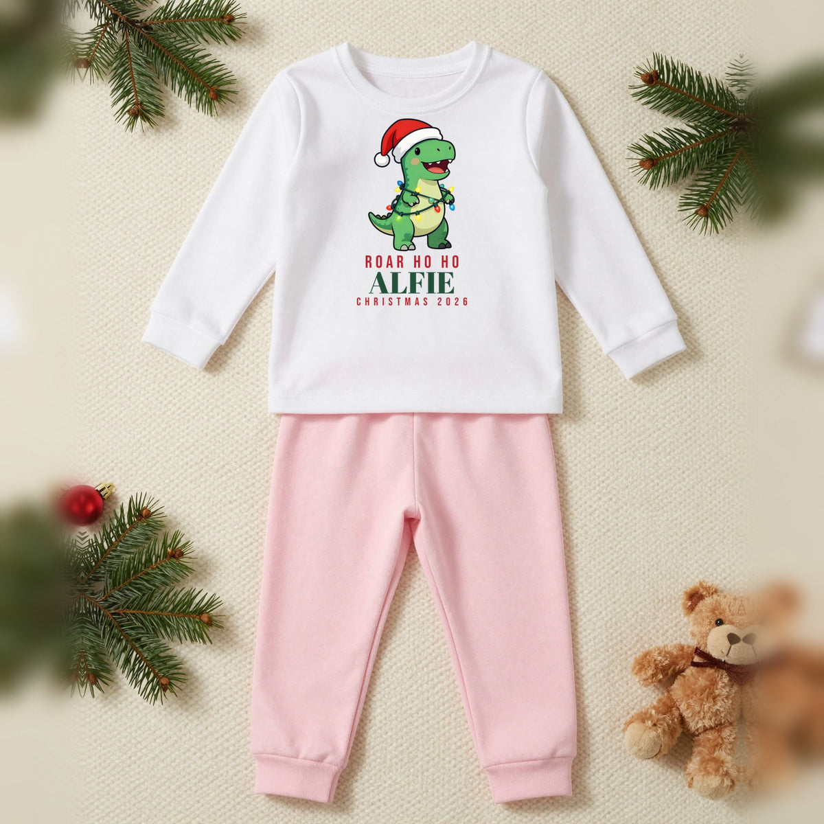 Roar Ho Ho Dinosaur Personalised Kids Christmas Pyjamas, Kids in White / Pink, our photo