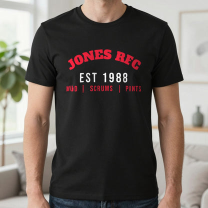 Personalised Rugby Club Est. T-Shirt & Sweatshirt T-Shirt in Black, worn, our photo