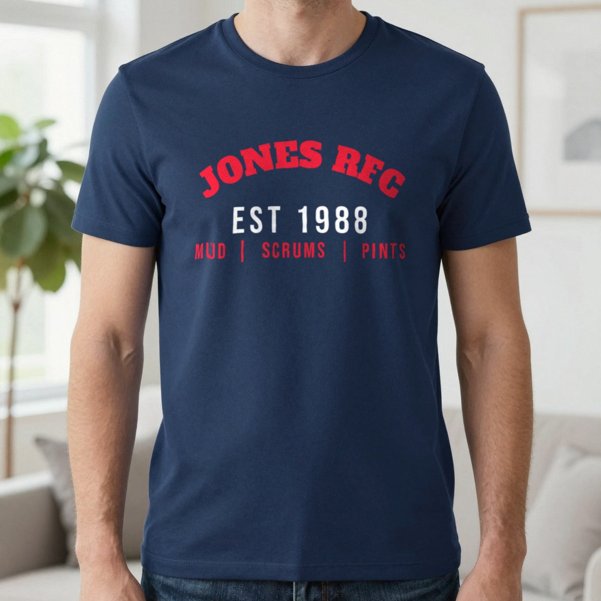 Personalised Rugby Club Est. T-Shirt & Sweatshirt T-Shirt in Navy, worn, our photo