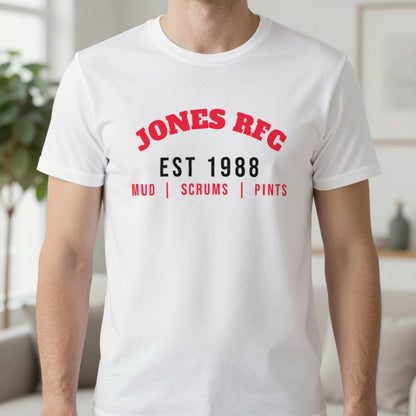 Personalised Rugby Club Est. T-Shirt & Sweatshirt T-Shirt in White, worn, our photo