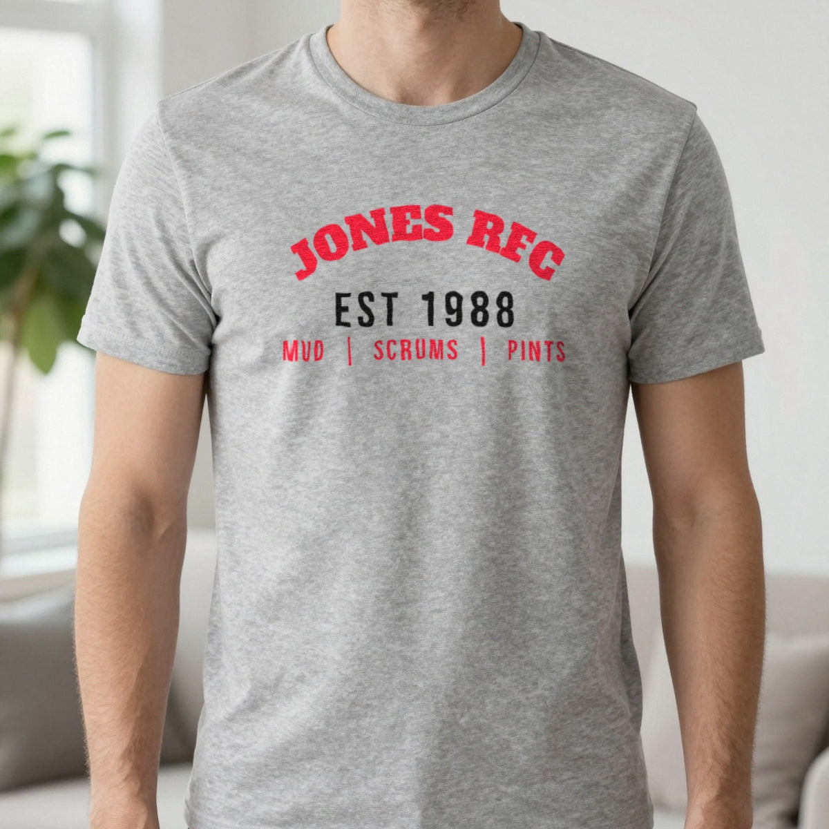 Personalised Rugby Club Est. T-Shirt & Sweatshirt T-Shirt in Sport Grey, worn, our photo