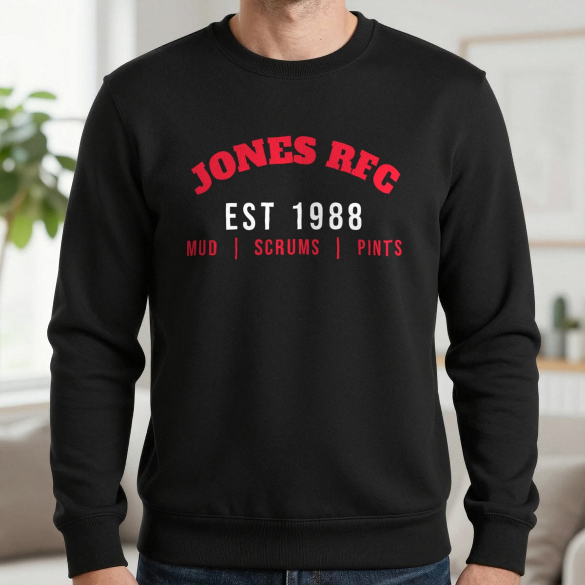 Personalised Rugby Club Est. T-Shirt & Sweatshirt Sweatshirt in Black, worn, our photo