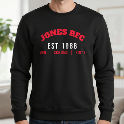 Personalised Rugby Club Est. T-Shirt & Sweatshirt Sweatshirt in Black, worn, our photo