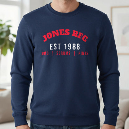 Personalised Rugby Club Est. T-Shirt & Sweatshirt Sweatshirt in Navy, worn, our photo