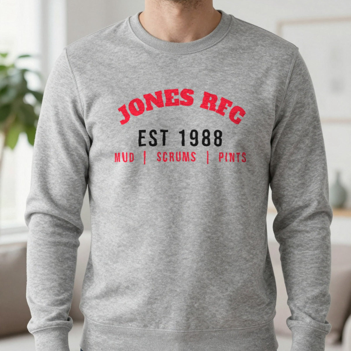 Personalised Rugby Club Est. T-Shirt & Sweatshirt Sweatshirt in Sport Grey, worn, our photo