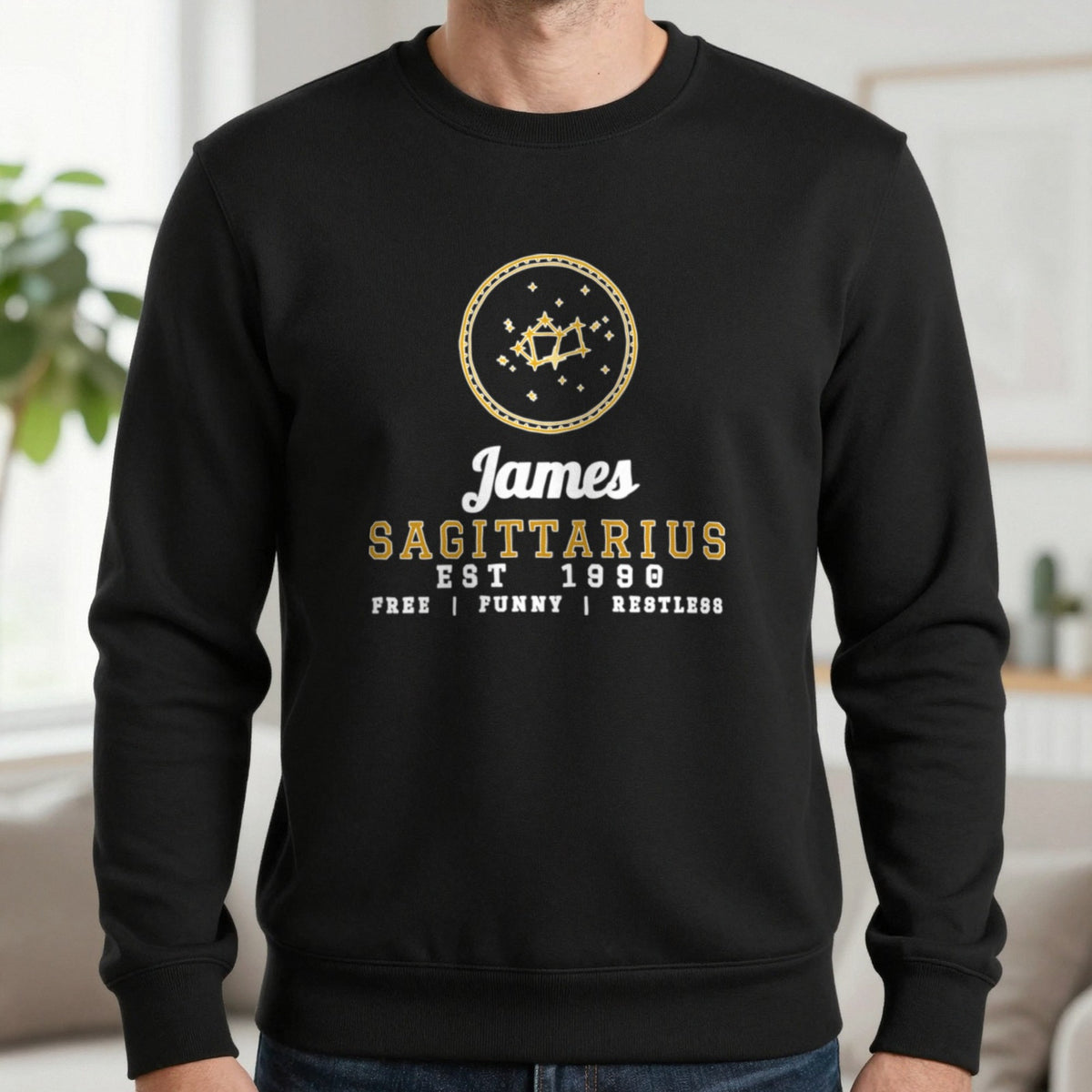Personalised Sagittarius T-Shirt & Sweatshirt Sweatshirt in Black, worn, our photo
