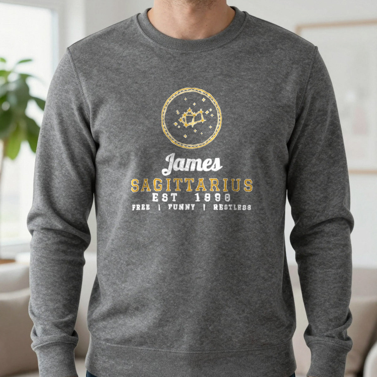 Personalised Sagittarius T-Shirt & Sweatshirt Sweatshirt in Charcoal, worn, our photo
