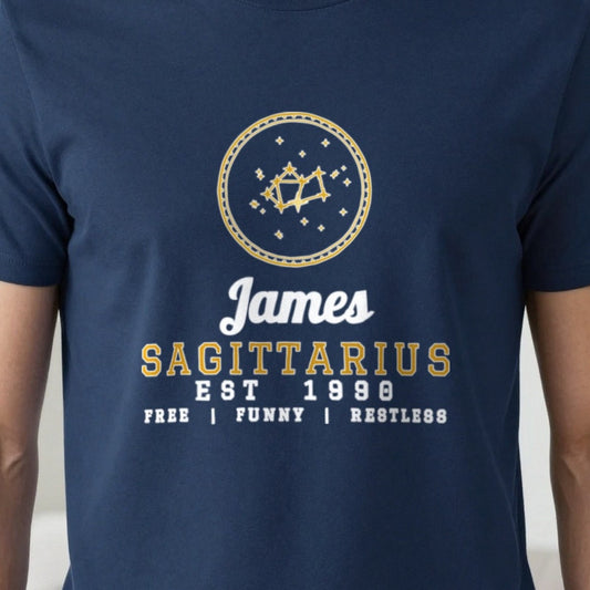 Personalised Sagittarius T-Shirt & Sweatshirt print close-up, our photo