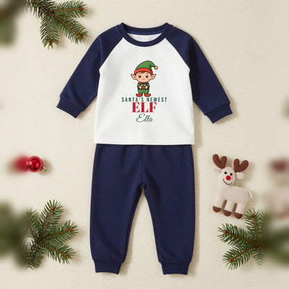 Santa Newest Elf Personalised Baby & Toddler Christmas Pyjamas, Baby & Toddler in Navy, our photo