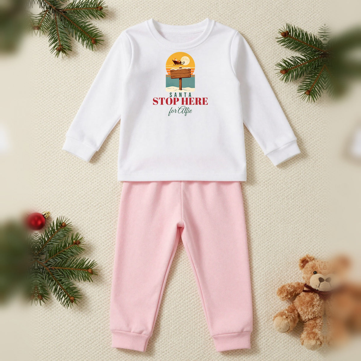 Santa Stop Here Personalised Kids Christmas Pyjamas, Kids in White / Pink, our photo