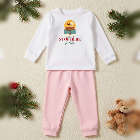 Santa Stop Here Personalised Kids Christmas Pyjamas, Kids in White / Pink, our photo