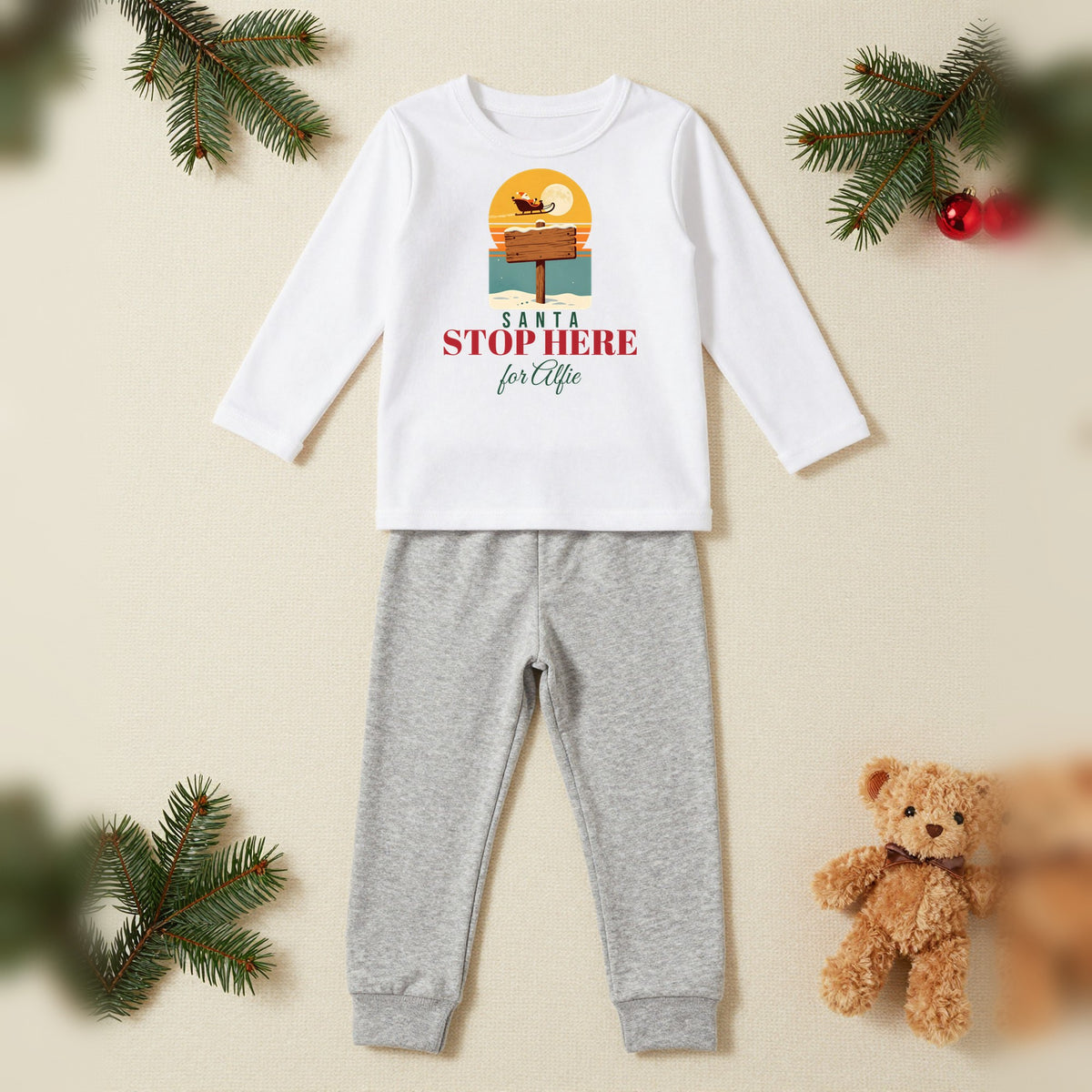 Santa Stop Here Personalised Kids Christmas Pyjamas, Kids in White / Grey, our photo
