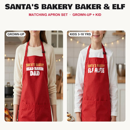 Santa's Bakery Baker & Elf matching apron set in Red: grown-up and kids aprons, our photo
