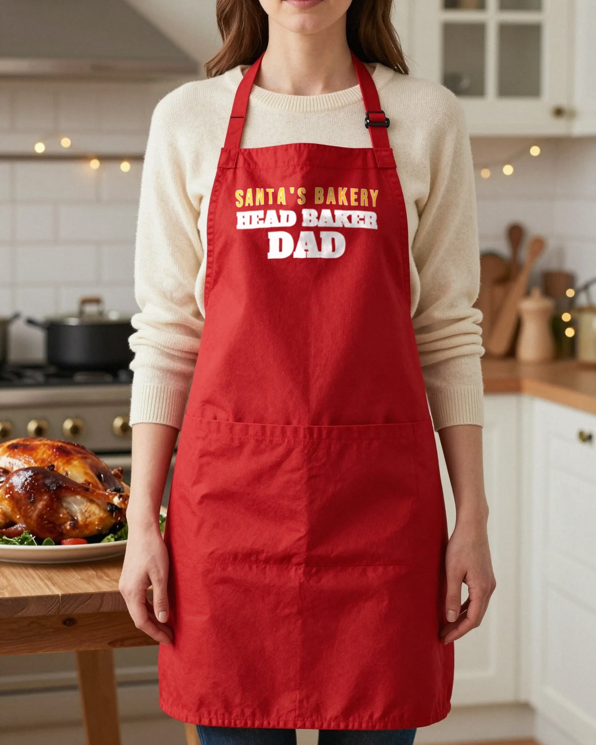 Santa's Bakery Baker & Elf grown-up apron, worn