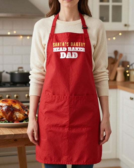 Santa's Bakery Baker & Elf grown-up apron, worn