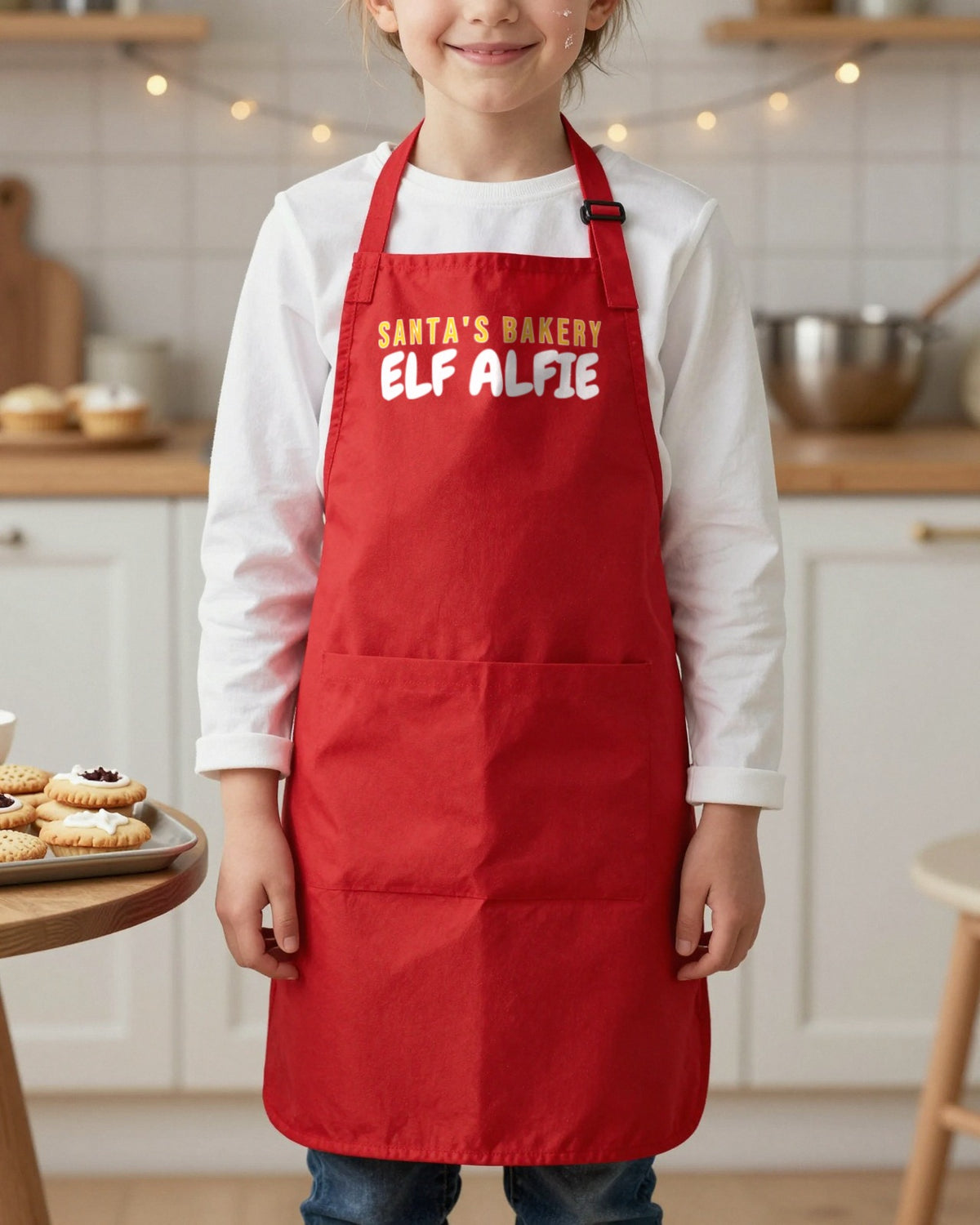 Santa's Bakery Baker & Elf kids apron, worn