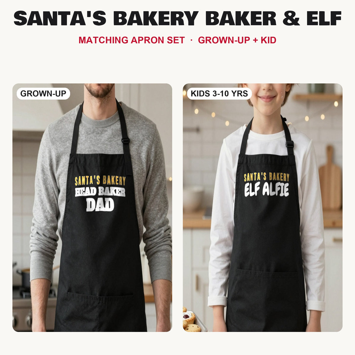 Santa's Bakery Baker & Elf matching apron set in Black: grown-up and kids aprons, our photo