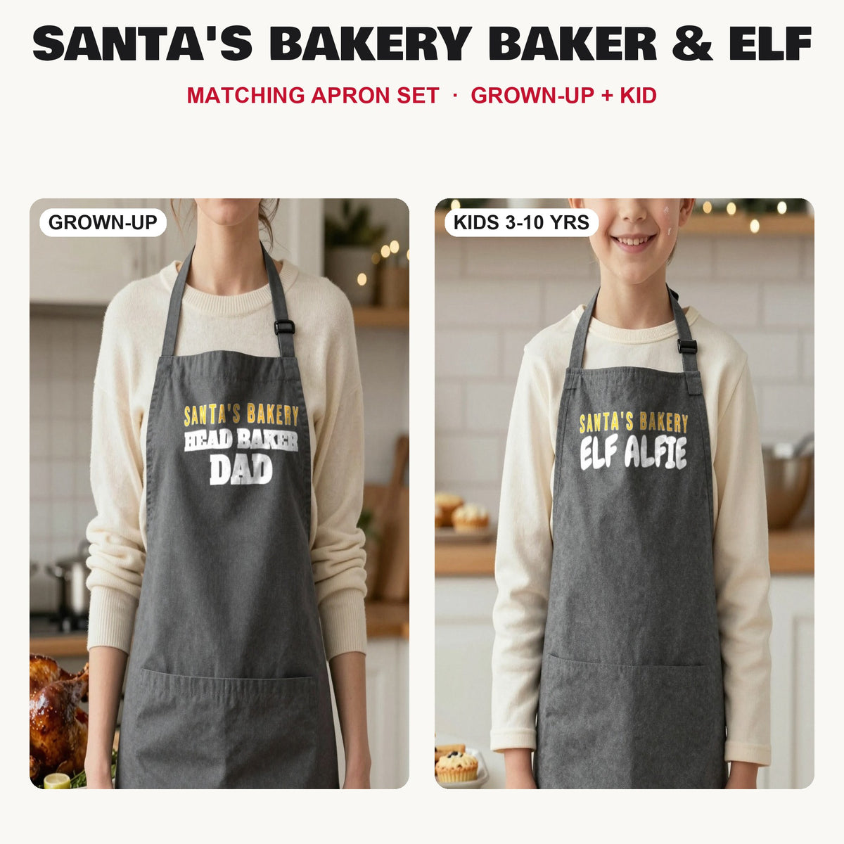 Santa's Bakery Baker & Elf matching apron set in Dark Grey: grown-up and kids aprons, our photo