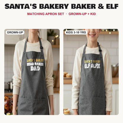 Santa's Bakery Baker & Elf matching apron set in Dark Grey: grown-up and kids aprons, our photo