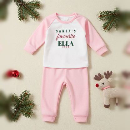 Santas Favourite Personalised Matching Family Christmas Pyjamas Set, Baby & Toddler in Pink, our photo