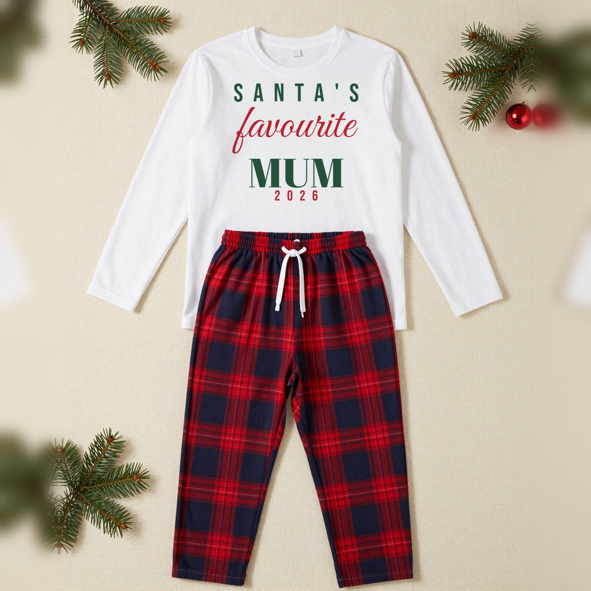 Santas Favourite Personalised Matching Family Christmas Pyjamas Set, Adult in White / Red Tartan, our photo