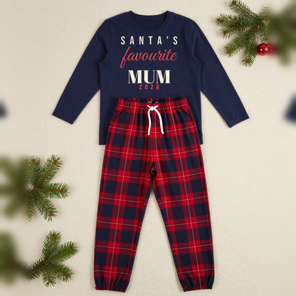 Santas Favourite Personalised Matching Family Christmas Pyjamas Set, Adult in Navy / Red Tartan, our photo