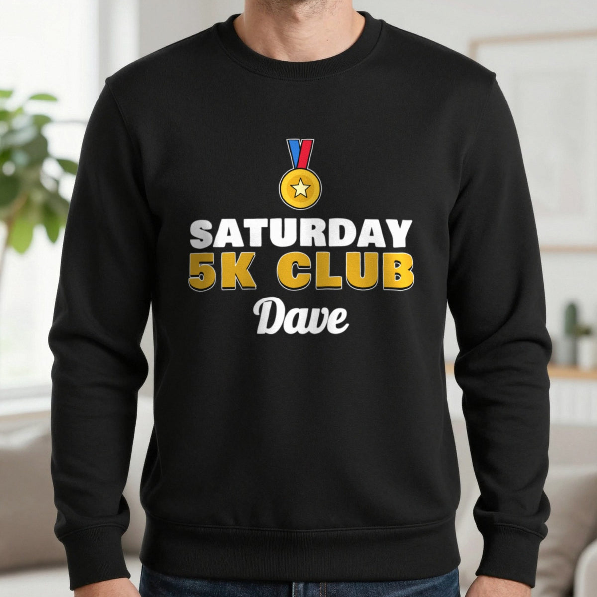 Personalised Saturday 5k Club T-Shirt & Sweatshirt Sweatshirt in Black, worn, our photo