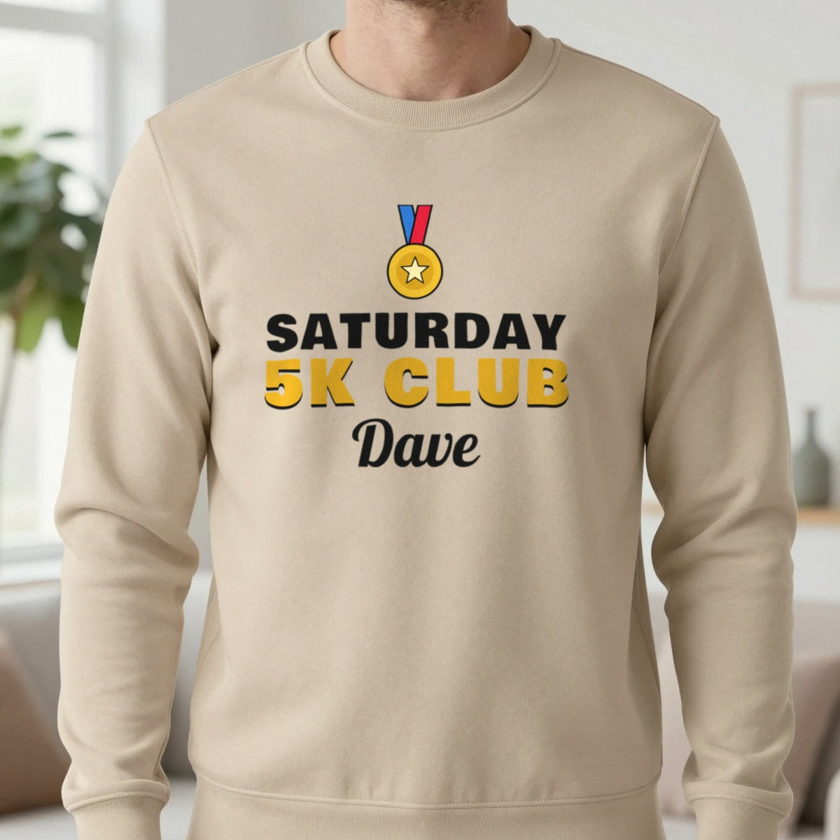 Personalised Saturday 5k Club T-Shirt & Sweatshirt Sweatshirt in Sand, worn, our photo