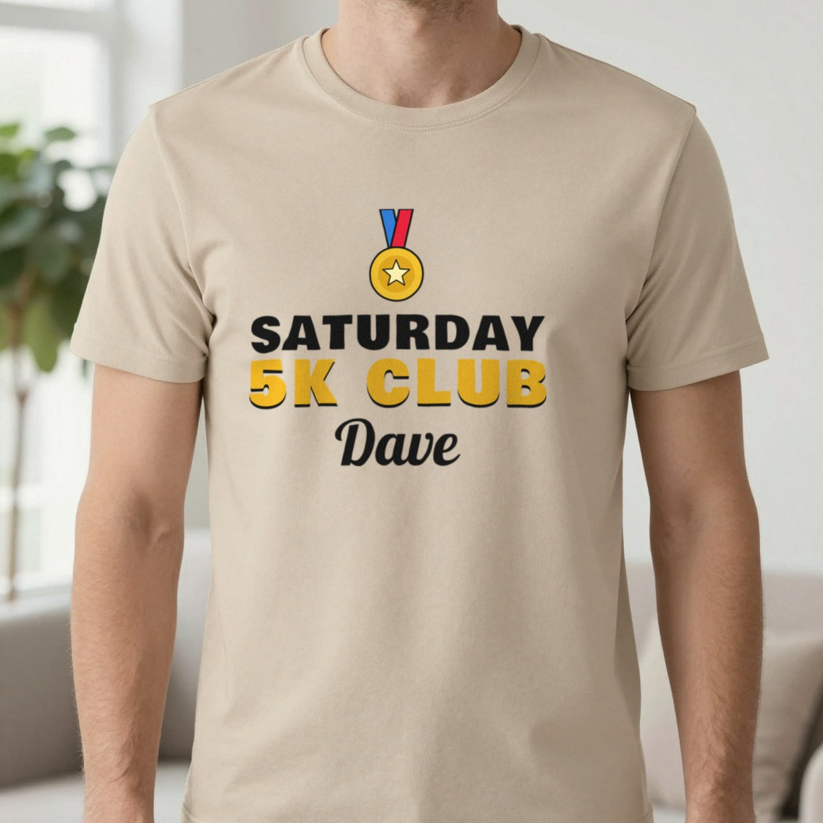 Personalised Saturday 5k Club T-Shirt & Sweatshirt T-Shirt in Sand, worn, our photo