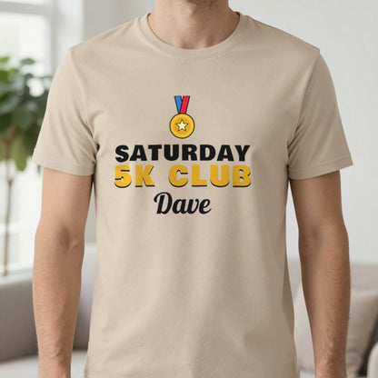Personalised Saturday 5k Club T-Shirt & Sweatshirt T-Shirt in Sand, worn, our photo