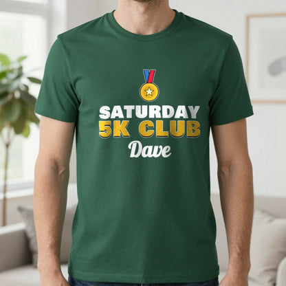 Personalised Saturday 5k Club T-Shirt & Sweatshirt T-Shirt in Forest Green, worn, our photo