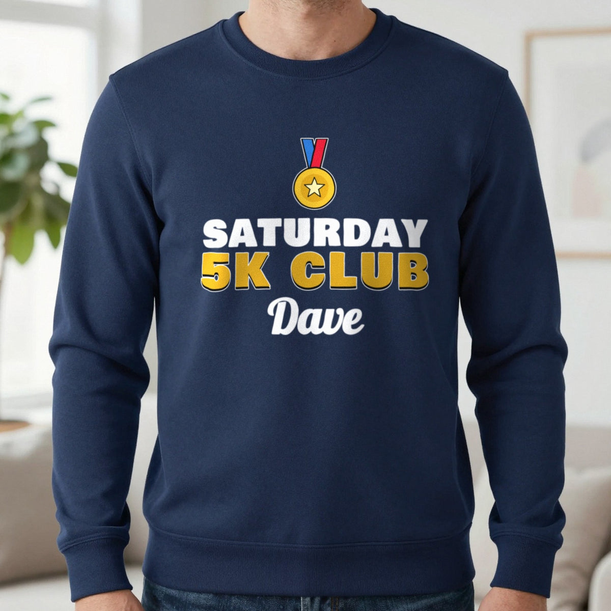 Personalised Saturday 5k Club T-Shirt & Sweatshirt Sweatshirt in Navy, worn, our photo