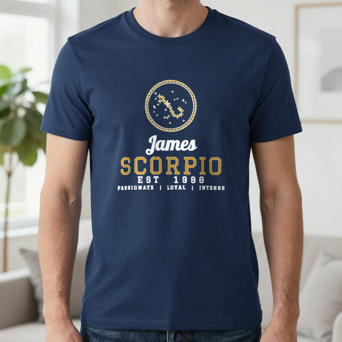 Personalised Scorpio T-Shirt & Sweatshirt T-Shirt in Navy, worn, our photo