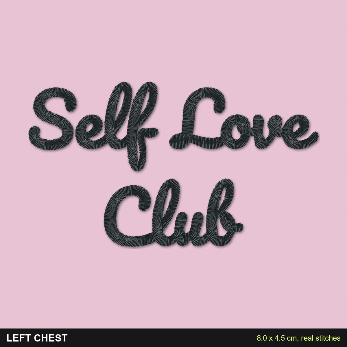 Self Love Club Sweatshirt: close-up of the real stitches with sizes
