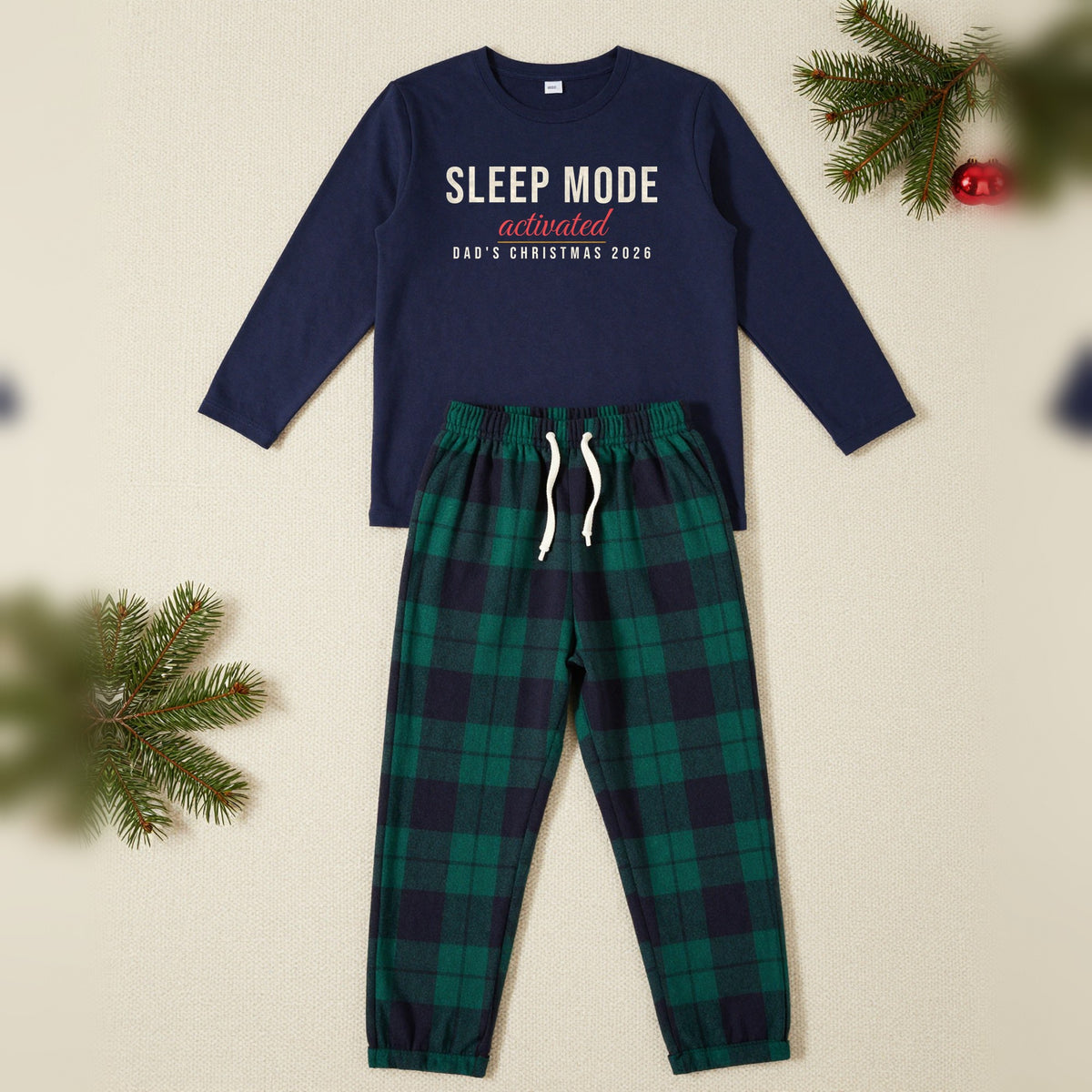 Sleep Mode Activated Personalised Christmas Pyjamas, Adult in Navy / Green Tartan, our photo