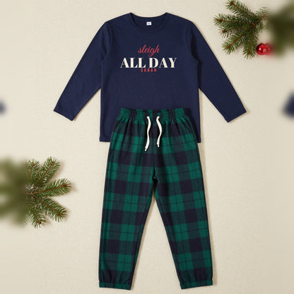 Sleigh All Day Personalised Christmas Pyjamas, Adult in Navy / Green Tartan, our photo