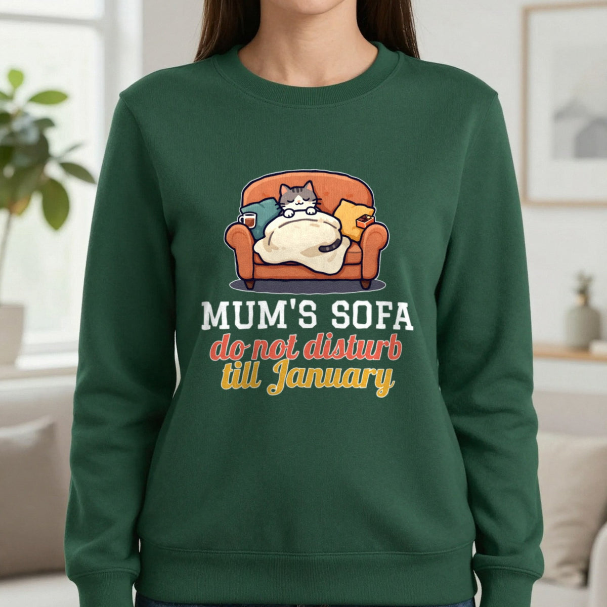 Personalised Sofa Do Not Disturb Christmas Jumper & T-Shirt Sweatshirt in Forest Green, worn, our photo