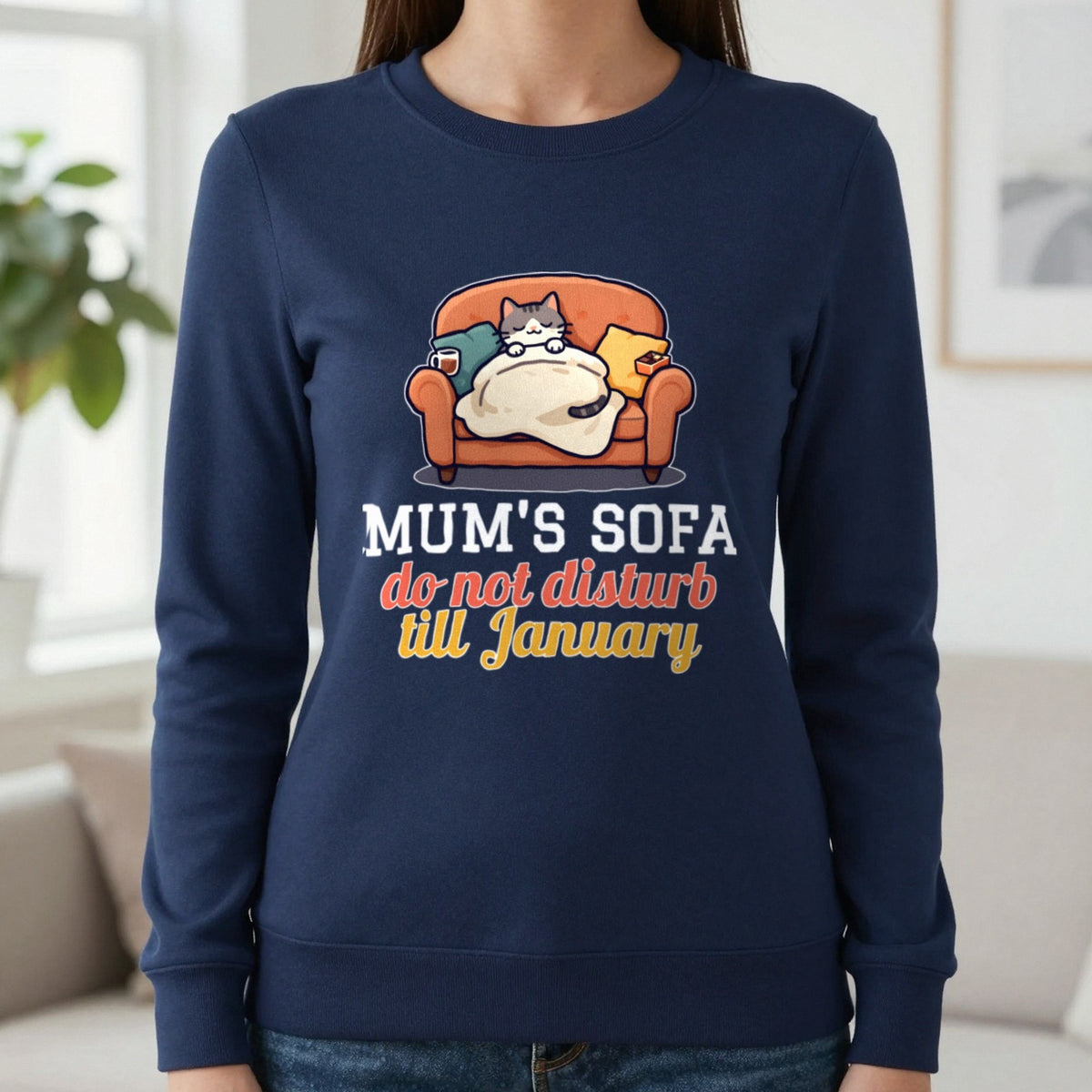 Personalised Sofa Do Not Disturb Christmas Jumper & T-Shirt Sweatshirt in Navy, worn, our photo