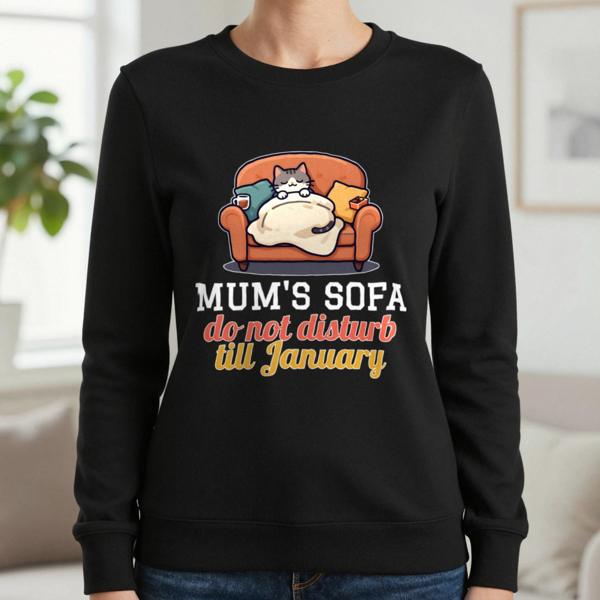 Personalised Sofa Do Not Disturb Christmas Jumper & T-Shirt Sweatshirt in Black, worn, our photo