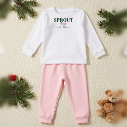 Sprout Dodger Personalised Matching Family Christmas Pyjamas Set, Kids in White / Pink, our photo