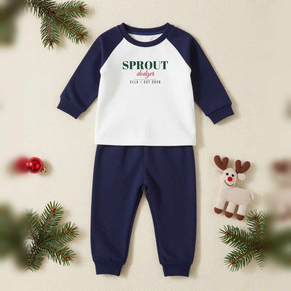 Sprout Dodger Personalised Matching Family Christmas Pyjamas Set, Baby & Toddler in Navy, our photo